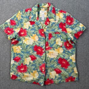 Jones New York Vintage Floral Print Blouse Petite Medium Short Sleeve Red Blue